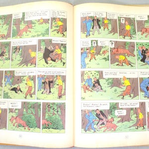 May include: Open book with comic strip panels. The panels depict a story with characters in a forest setting, featuring a dog, people in various outfits, and speech bubbles. The artwork is in a classic comic style.