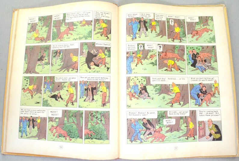 May include: Open book with comic strip panels. The panels depict a story with characters in a forest setting, featuring a dog, people in various outfits, and speech bubbles. The artwork is in a classic comic style.