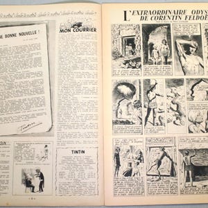May include: A vintage magazine spread featuring black and white printed text and a comic strip titled L'Extraordinaire Odyssee de Corentin Feldoe. The left page contains columns of French text, while the right page displays a multi-panel graphic story.