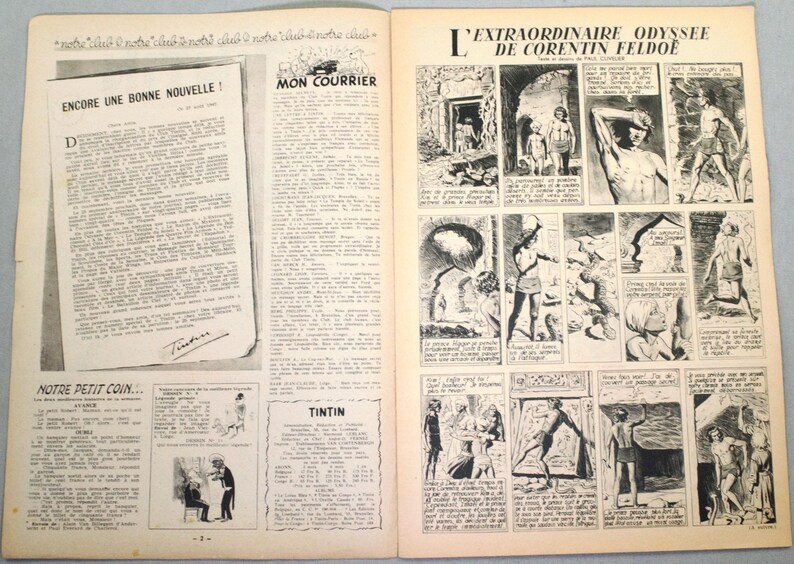 May include: A vintage magazine spread featuring black and white printed text and a comic strip titled L'Extraordinaire Odyssee de Corentin Feldoe. The left page contains columns of French text, while the right page displays a multi-panel graphic story.