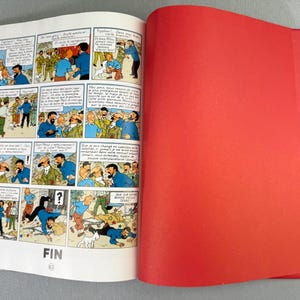 Puede incluir: Un libro abierto con vi&ntilde;etas de c&oacute;mic con ilustraciones coloridas y bocadillos. La p&aacute;gina derecha es de color rojo liso. La palabra "FIN" es visible en la parte inferior de la p&aacute;gina izquierda.