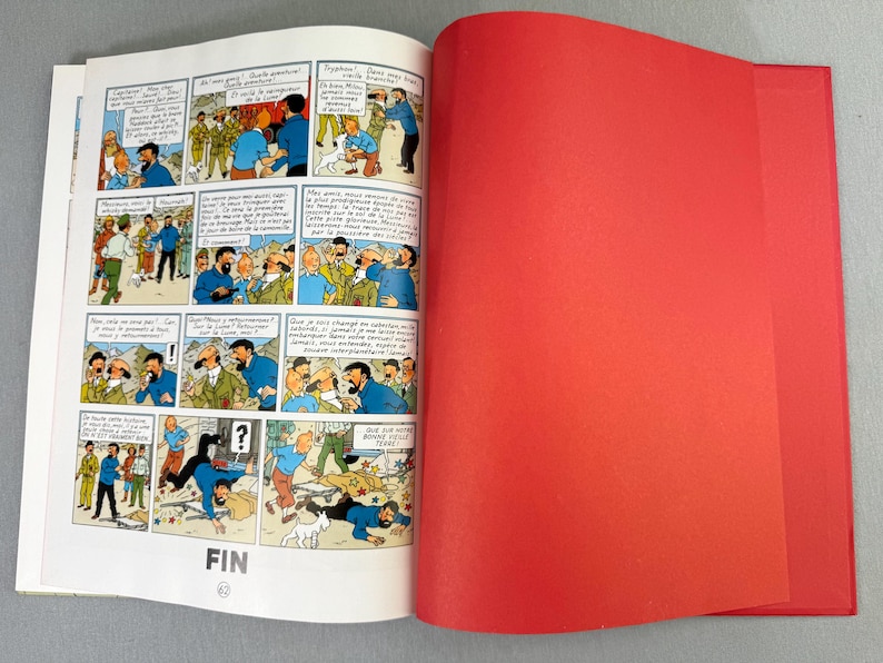 Puede incluir: Un libro abierto con vi&ntilde;etas de c&oacute;mic con ilustraciones coloridas y bocadillos. La p&aacute;gina derecha es de color rojo liso. La palabra "FIN" es visible en la parte inferior de la p&aacute;gina izquierda.