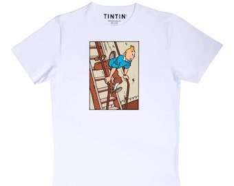 Moulinsart "Tintin Staircase" Adults T-Shirt: White Cotton T Shirt - ML Hergé