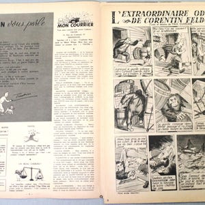 May include: A vintage black and white magazine spread featuring the Tintin vous parle column with text and a small illustration of Tintin and Snowy, alongside a comic strip titled L'extraordinaire odyss&eacute;e de Corentin Feldo&euml; by Paul Cuvelier.