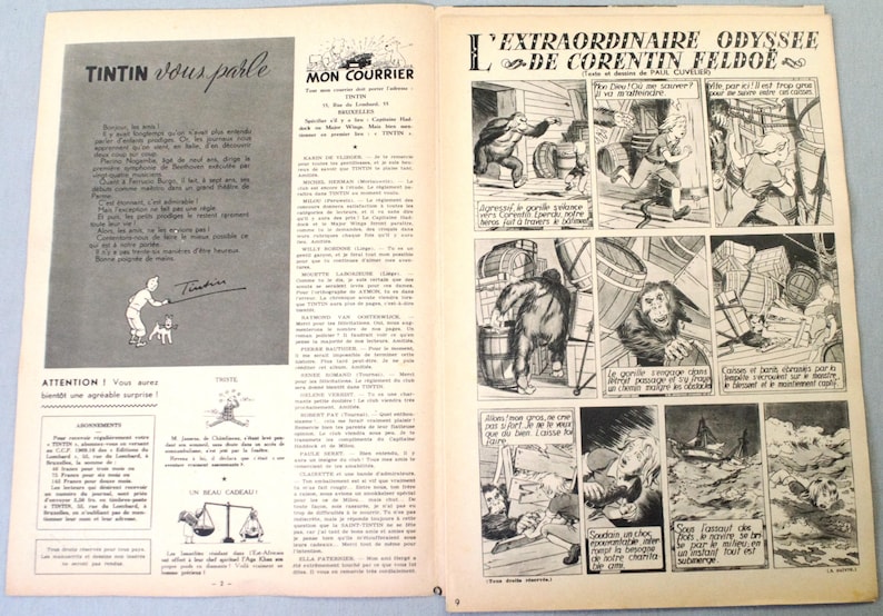 May include: A vintage black and white magazine spread featuring the Tintin vous parle column with text and a small illustration of Tintin and Snowy, alongside a comic strip titled L'extraordinaire odyss&eacute;e de Corentin Feldo&euml; by Paul Cuvelier.