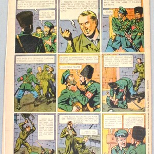 K&ouml;nnte beinhalten: Eine Vintage-Comicbuchseite mit dem Titel Le Secret de l'Espadon von Edgar-P. Jacobs, die mehrere Panels mit Illustrationen von Soldaten in gr&uuml;nen Uniformen, franz&ouml;sischen Sprechblasen und Actionsequenzen mit Kampf und Spionage zeigt.