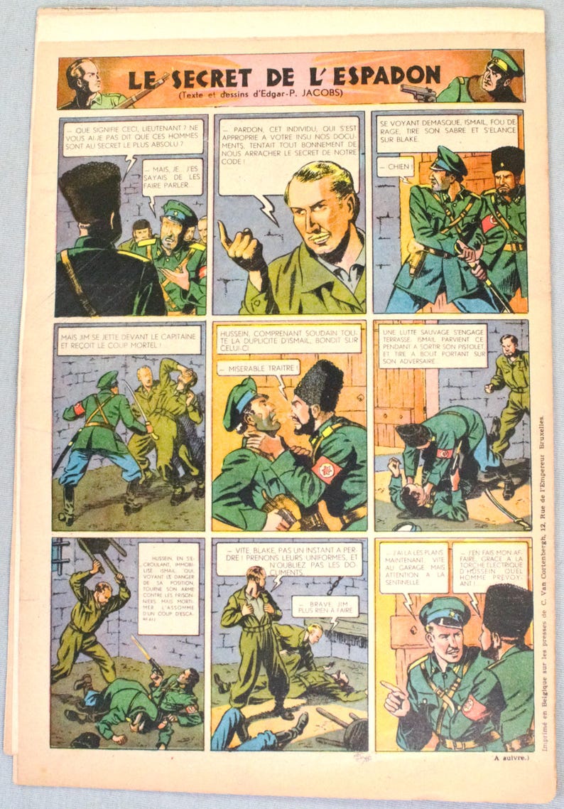 K&ouml;nnte beinhalten: Eine Vintage-Comicbuchseite mit dem Titel Le Secret de l'Espadon von Edgar-P. Jacobs, die mehrere Panels mit Illustrationen von Soldaten in gr&uuml;nen Uniformen, franz&ouml;sischen Sprechblasen und Actionsequenzen mit Kampf und Spionage zeigt.