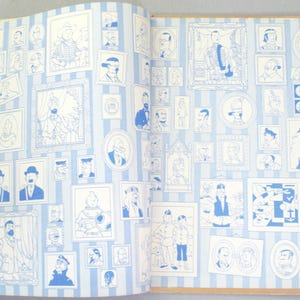 May include: Open book pages with blue and white illustrations of portraits in various frames. The background features vertical blue stripes. The portraits are in different sizes and styles, creating a gallery-like effect.