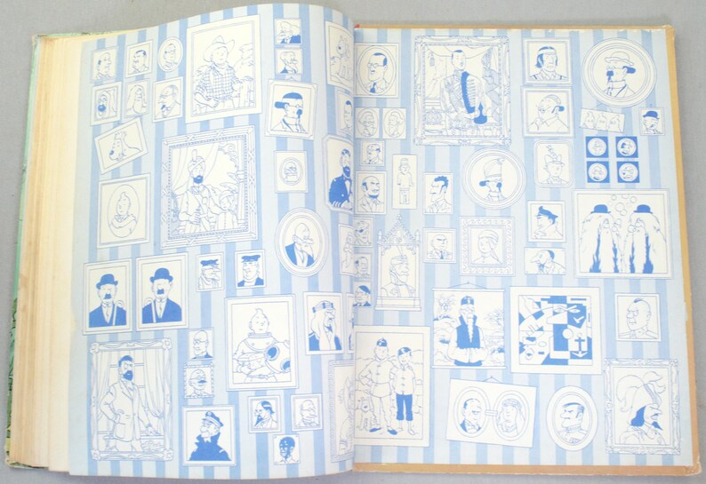 May include: Open book pages with blue and white illustrations of portraits in various frames. The background features vertical blue stripes. The portraits are in different sizes and styles, creating a gallery-like effect.