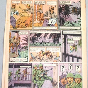 May include: A vintage comic book page titled Le Secret de l'Espadon by Edgar-P. Jacobs, featuring multiple panels with illustrations of soldiers in green uniforms, men in casual clothing, palm trees, and dialogue bubbles in French.