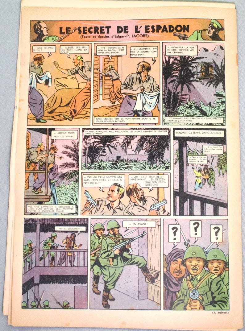 May include: A vintage comic book page titled Le Secret de l'Espadon by Edgar-P. Jacobs, featuring multiple panels with illustrations of soldiers in green uniforms, men in casual clothing, palm trees, and dialogue bubbles in French.