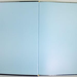 May include: An open book with light blue pages. The book is lying flat, with the left and right pages visible. The edges of the pages are a darker blue, and the spine is black.