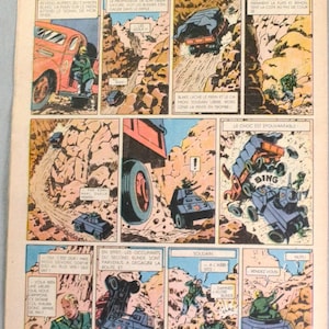 Puede incluir: Una p&aacute;gina de c&oacute;mic vintage titulada Le Secret de l'Espadon de Edgar P. Jacobs, con paneles coloridos de acci&oacute;n militar, veh&iacute;culos blindados y soldados con uniformes verdes en un paso de monta&ntilde;a con texto en franc&eacute;s.