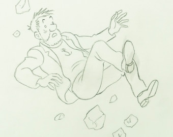 May include: A black and white pencil drawing of a man falling with his arms outstretched. He is wearing a suit jacket and pants. There are several small, crumpled pieces of paper falling around him.