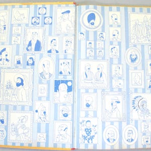 May include: Open book spread featuring numerous framed portraits in blue and white. The portraits depict various figures, arranged on a striped background. The overall theme suggests a collection of illustrations or character studies.