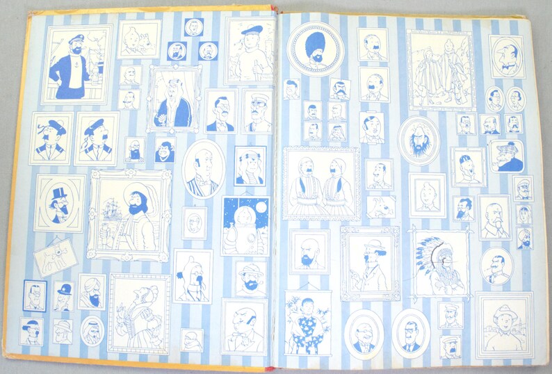 May include: Open book spread featuring numerous framed portraits in blue and white. The portraits depict various figures, arranged on a striped background. The overall theme suggests a collection of illustrations or character studies.