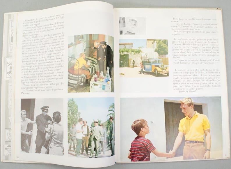 Puede incluir: Un libro abierto con varias im&aacute;genes coloridas. Las im&aacute;genes muestran escenas con personas, incluyendo un hombre con traje negro, un ni&ntilde;o con camisa a rayas y un veh&iacute;culo antiguo. El libro est&aacute; abierto en las p&aacute;ginas 10 y 11.