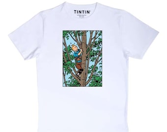 Moulinsart "Tintin Climbing Tree" Kids T-Shirt: White Cotton T Shirt - ML Hergé