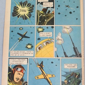 May include: A vintage comic book page titled Le Secret de l'Espadon by Edgar P. Jacobs, featuring nine panels of a yellow aircraft in aerial combat, explosions, and soldiers in green uniforms with French text bubbles and sound effects.