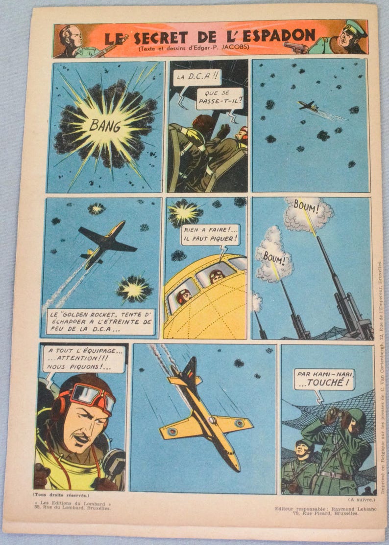 May include: A vintage comic book page titled Le Secret de l'Espadon by Edgar P. Jacobs, featuring nine panels of a yellow aircraft in aerial combat, explosions, and soldiers in green uniforms with French text bubbles and sound effects.
