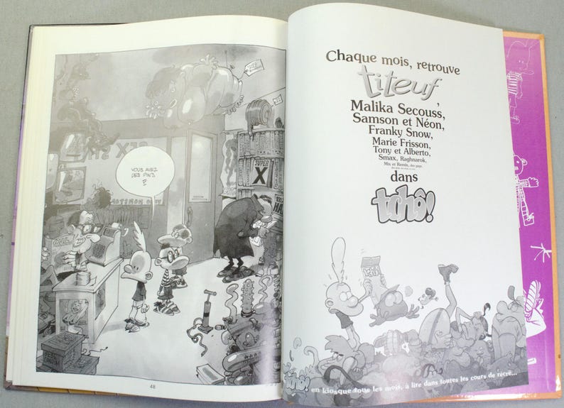 Puede incluir: Un libro abierto con ilustraciones de c&oacute;mic en blanco y negro en la p&aacute;gina izquierda y texto en la derecha. El texto dice: Chaque mois, retrouve Titeuf, Malika Secouss, Samson et N&eacute;on, Franky Snow, Marie Frisson, Tony et Alberto, dans Tch&ocirc;!