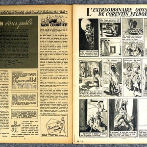 K&ouml;nnte beinhalten: Eine doppelseitige Vintage-Publikation von Tintin mit Textspalten, einem 'Mon Courrier'-Abschnitt und einem schwarz-wei&szlig;en Comicstrip mit dem Titel 'L'Extraordinaire Odyss&eacute;e de Corentin Feldo&euml;', der in mehreren Panels verschiedene Charaktere in Aktion zeigt.