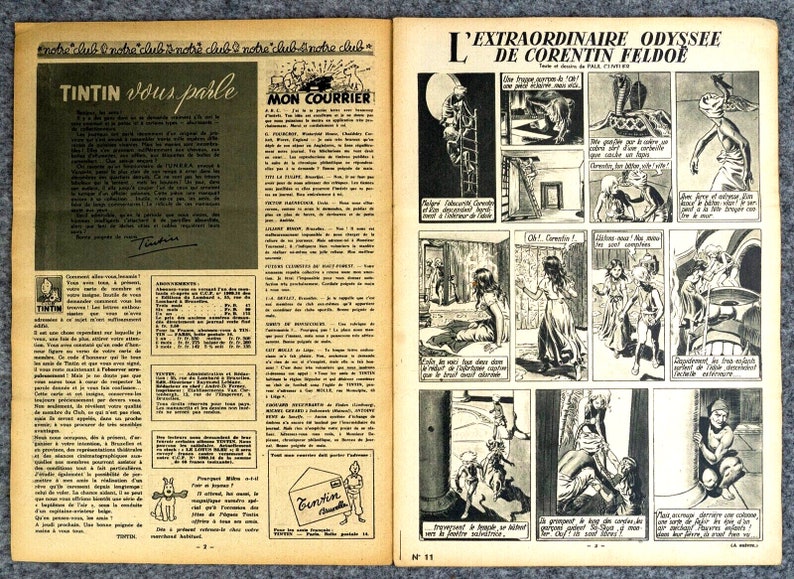 K&ouml;nnte beinhalten: Eine doppelseitige Vintage-Publikation von Tintin mit Textspalten, einem 'Mon Courrier'-Abschnitt und einem schwarz-wei&szlig;en Comicstrip mit dem Titel 'L'Extraordinaire Odyss&eacute;e de Corentin Feldo&euml;', der in mehreren Panels verschiedene Charaktere in Aktion zeigt.