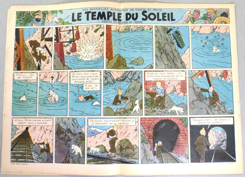 Puede incluir: Una p&aacute;gina de c&oacute;mic vintage titulada Les Nouvelles Aventures de Tintin et Milou Le Temple du Soleil de Herg&eacute;. La p&aacute;gina presenta m&uacute;ltiples paneles coloridos que representan a Tint&iacute;n y su perro Mil&uacute; navegando por un r&iacute;o y v&iacute;as de tren.