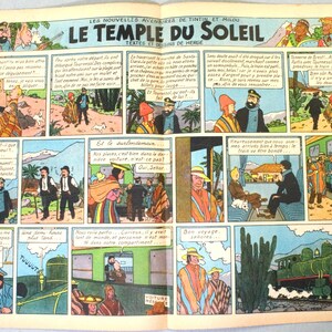K&ouml;nnte beinhalten: Eine Vintage-Comicseite mit dem Titel Les Nouvelles Aventures de Tintin et Milou Le Temple du Soleil von Herg&eacute;. Die Seite enth&auml;lt mehrere farbenfrohe Panels, die Tim, Kapit&auml;n Haddock und andere Figuren in einer Zugumgebung darstellen.