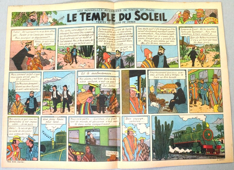 K&ouml;nnte beinhalten: Eine Vintage-Comicseite mit dem Titel Les Nouvelles Aventures de Tintin et Milou Le Temple du Soleil von Herg&eacute;. Die Seite enth&auml;lt mehrere farbenfrohe Panels, die Tim, Kapit&auml;n Haddock und andere Figuren in einer Zugumgebung darstellen.