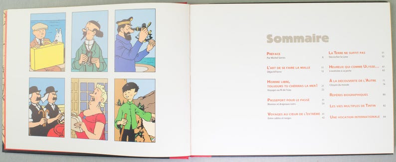 May include: An open book featuring colorful comic strip panels and a table of contents. The panels depict various characters in different scenes, while the right page displays a list of chapter titles in a sans-serif font.