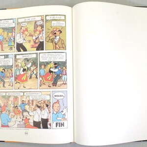May include: Open book with comic strip panels featuring cartoon characters in a colorful setting. Text bubbles contain speech in French. The right page is blank. The word "FIN" is visible.