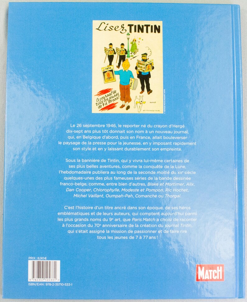 May include: A book cover with a blue background and a vintage illustration featuring characters from the Tintin comic series. The title "Liser Tintin" is displayed at the top, with text in French. The cover also includes the publisher's logo.