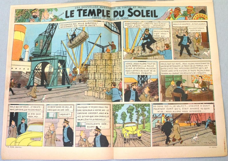May include: A vintage comic book page from The Adventures of Tintin titled Le Temple du Soleil by Herg&eacute;. The colourful illustration features multiple panels depicting a harbour scene with cranes, cargo crates, a yellow car, and characters Tintin and Captain Haddock in various settings with French dialogue bubbles.
