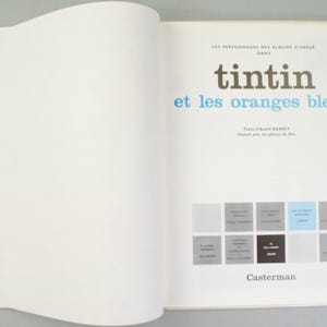 Puede incluir: Un libro abierto con el t&iacute;tulo "tintin et les oranges bleues" en texto marr&oacute;n y azul. La portada del libro incluye una cuadr&iacute;cula de peque&ntilde;os cuadrados grises y azules y el nombre de la editorial, Casterman.
