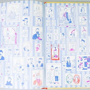May include: An open book with illustrations of portraits and framed pictures. The illustrations are in blue and white, with some accents in pink and red. The background is a light blue and white striped pattern.