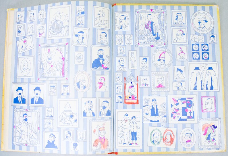 May include: An open book with illustrations of portraits and framed pictures. The illustrations are in blue and white, with some accents in pink and red. The background is a light blue and white striped pattern.