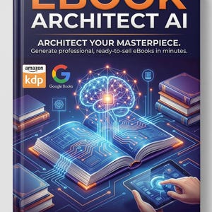 May include: Book cover titled "EBOOK ARCHITECT AI" with orange and white text on a dark blue background. The cover features an open book with digital circuit designs, a glowing brain graphic, and a tablet. The text reads "Architect Your Masterpiece."