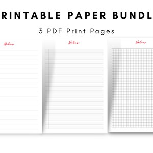 May include: Printable paper bundle with 3 PDF print pages. The pages include lined paper, wide-ruled paper, and graph paper.