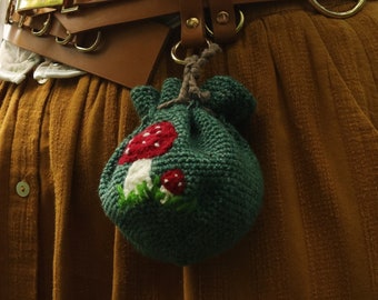 Cute mushroom belt bag | mushroom-themed lined dice bag| handmade fantasy crochet pouch