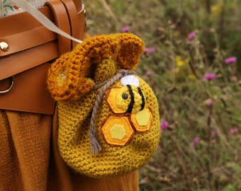 Cute honey jar belt pouch | honey-themed lined dice bag| handmade fantasy crochet pouch