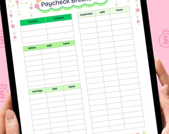 May include: A digital tablet displaying a printable budget tracker with a floral design. The tracker is divided into sections for income, debts, savings, and expenses. The title of the tracker is "Paycheck Breakdown".