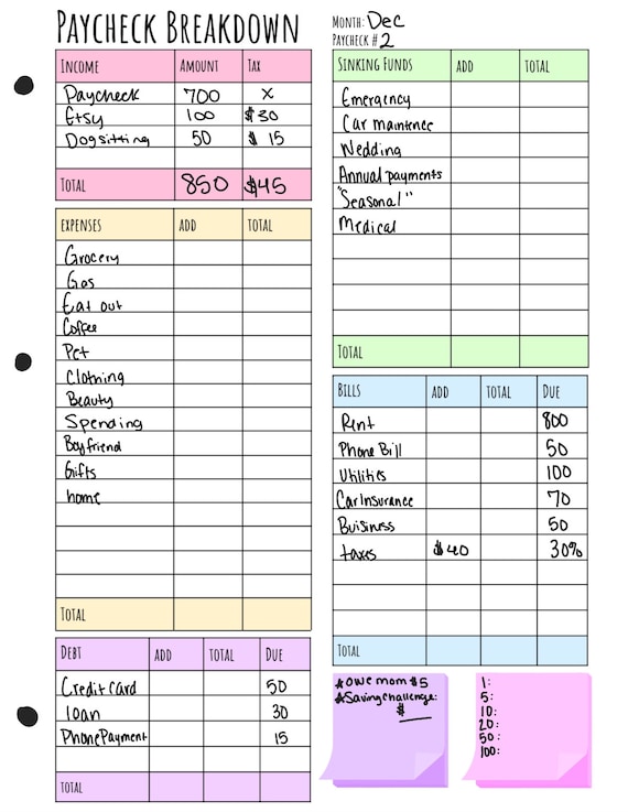 Paycheck Breakdown/ Printable Budget Digital Paycheck Budget Calendars