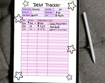 May include: A pink and white debt tracker with a handwritten list of transactions. The list includes the date, amount, ending balance, and notes. The notes include "Cash Payment", "Pet food", and "deposit from bank".