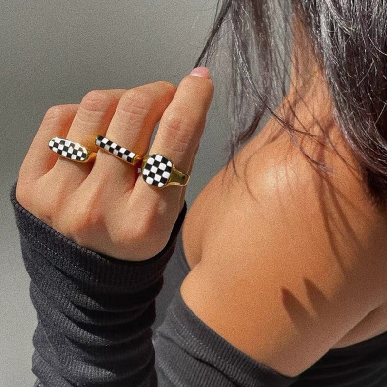 Checkered Ring Black and White Ring Enamel Ring Etsy