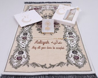 Personalised Beige Woven Prayer Mat Velvet Quran Tasbih Muslim Gift Set | Ramadan Eid Wedding Birthday Mother's Valentine's Day Gift