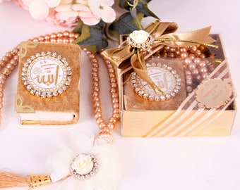 Personalised Customisable Velvet Mini Quran Pearl Tasbeeh Decorated Box Gift Set | Ramadan Eid Hajj Umrah Wedding Baby Shower Ameen Favours