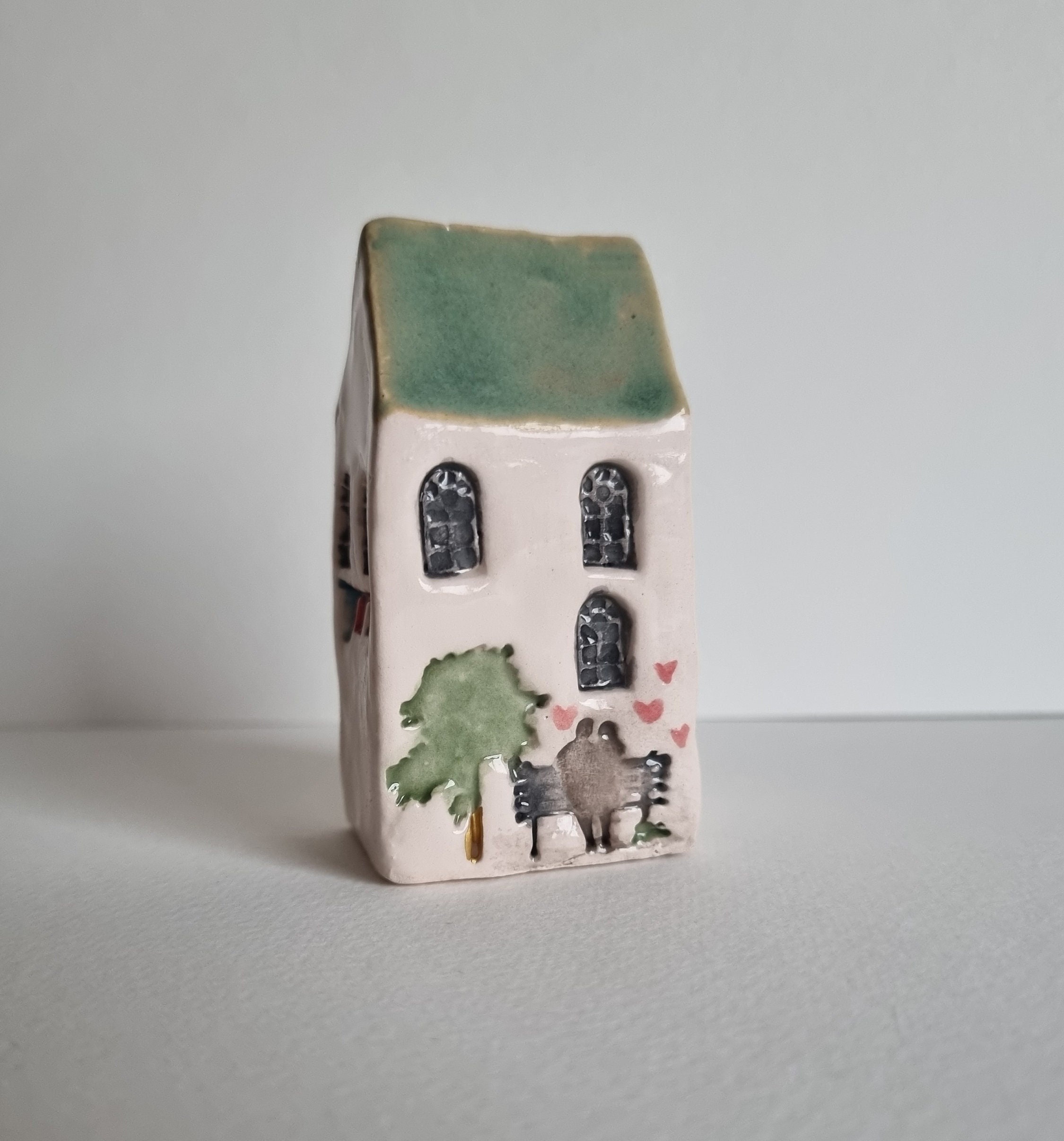 Miniature Valentines day ceramic house,miniature porcelain Vday house,Ceramic miniature Italian house with hearts
