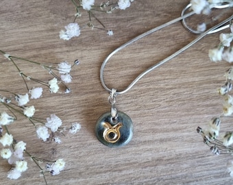 14k gold ceramic Taurus necklace,handmade ceramic necklace with 14k gold lustre,handmade porcelain jewelry Taurus zodiac symbol necklace
