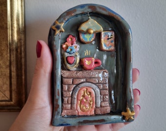 Ceramic wall decoration with cozy house,handmade ceramic wall decoration with flowers and fireplace,ceramic mini wall art,ceramic cozy room